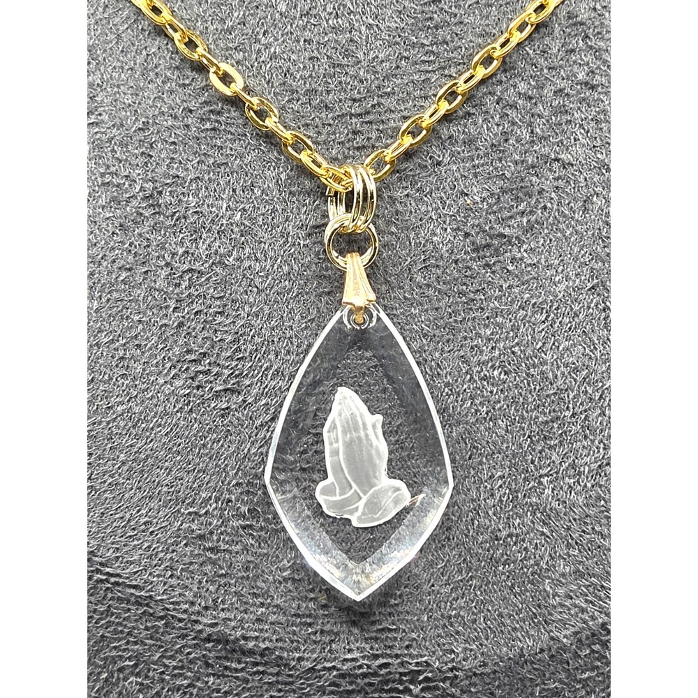 Necklace Praying Hands Glass Religious Devotional Gold Toned 23" Hypoallergenic
